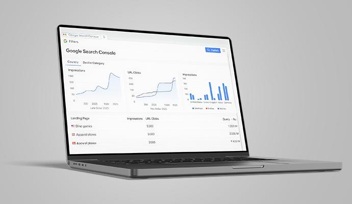 Google Search Console dashboard on a laptop